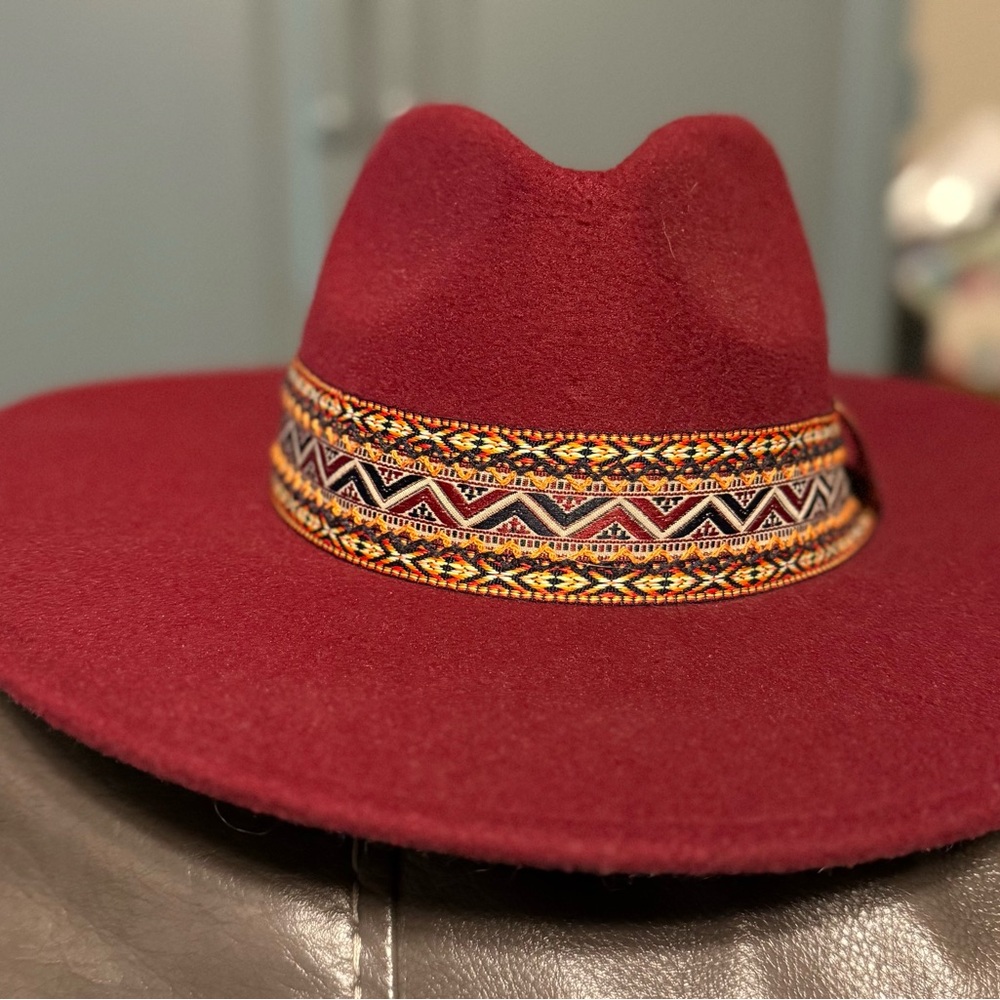 Red Wide-Brimmed Hat with Patterned Band